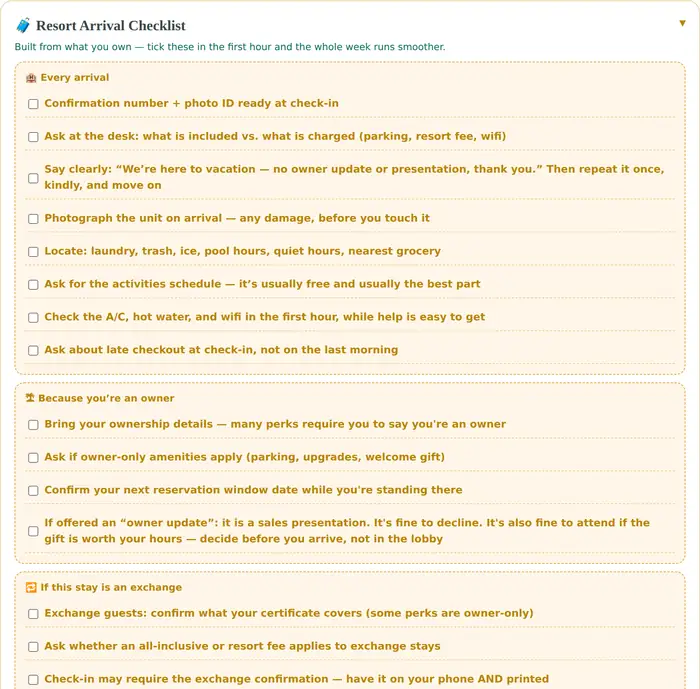 The planner's Trips tab — the Resort Arrival Checklist