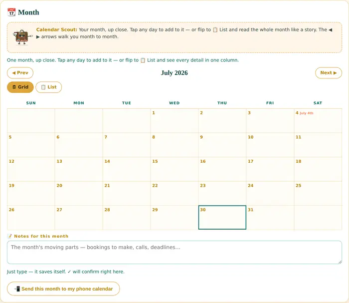 The planner's Month tab — July 2026