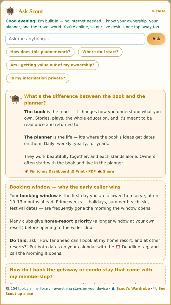 Scout answering: what's the difference between the book and the planner?